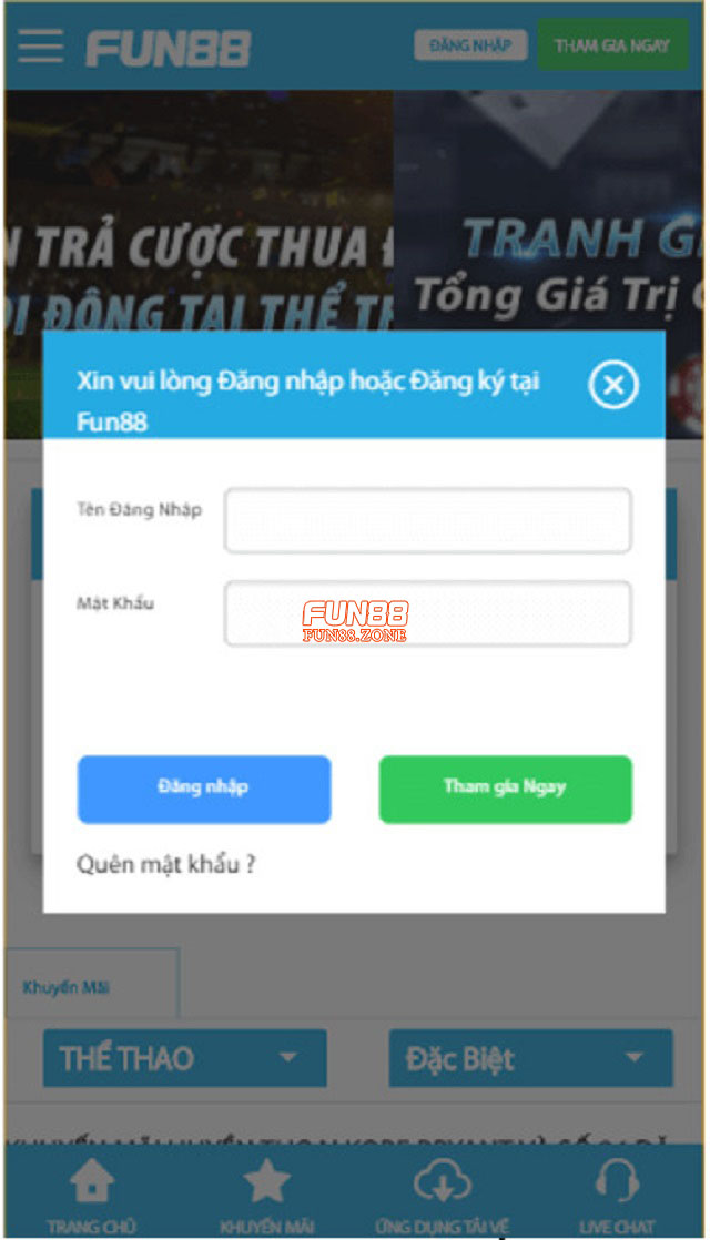 Biểu mẫu đăng nhập tài khoản cá cược trên App Fun88 Mobile