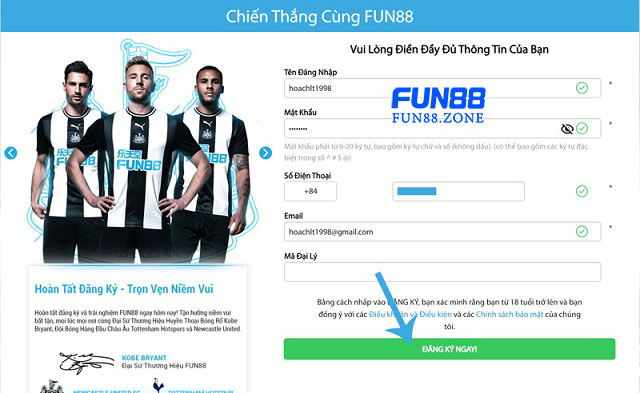 Biểu mẫu đăng ký tài khoản Fun88