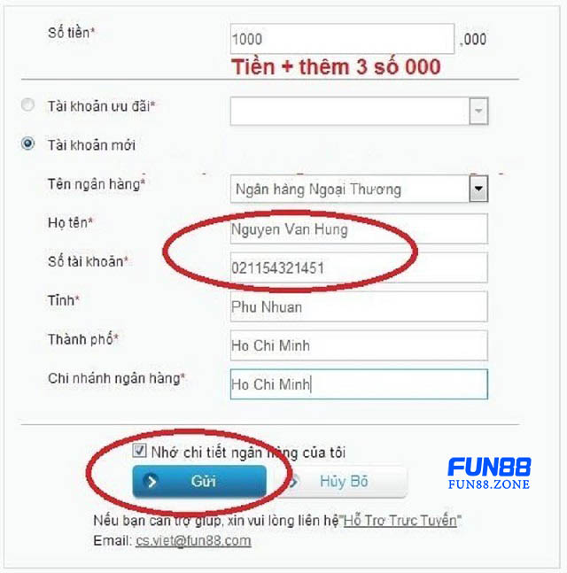 Biểu mẫu Rút tiền tại Fun88