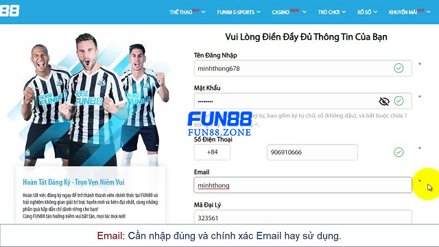 Người chơi cần sử dụng thông tin chính chủ khi đăng ký tài khoản Fun88