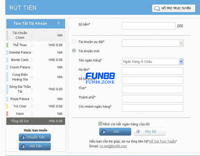 Rút tiền về Fun88